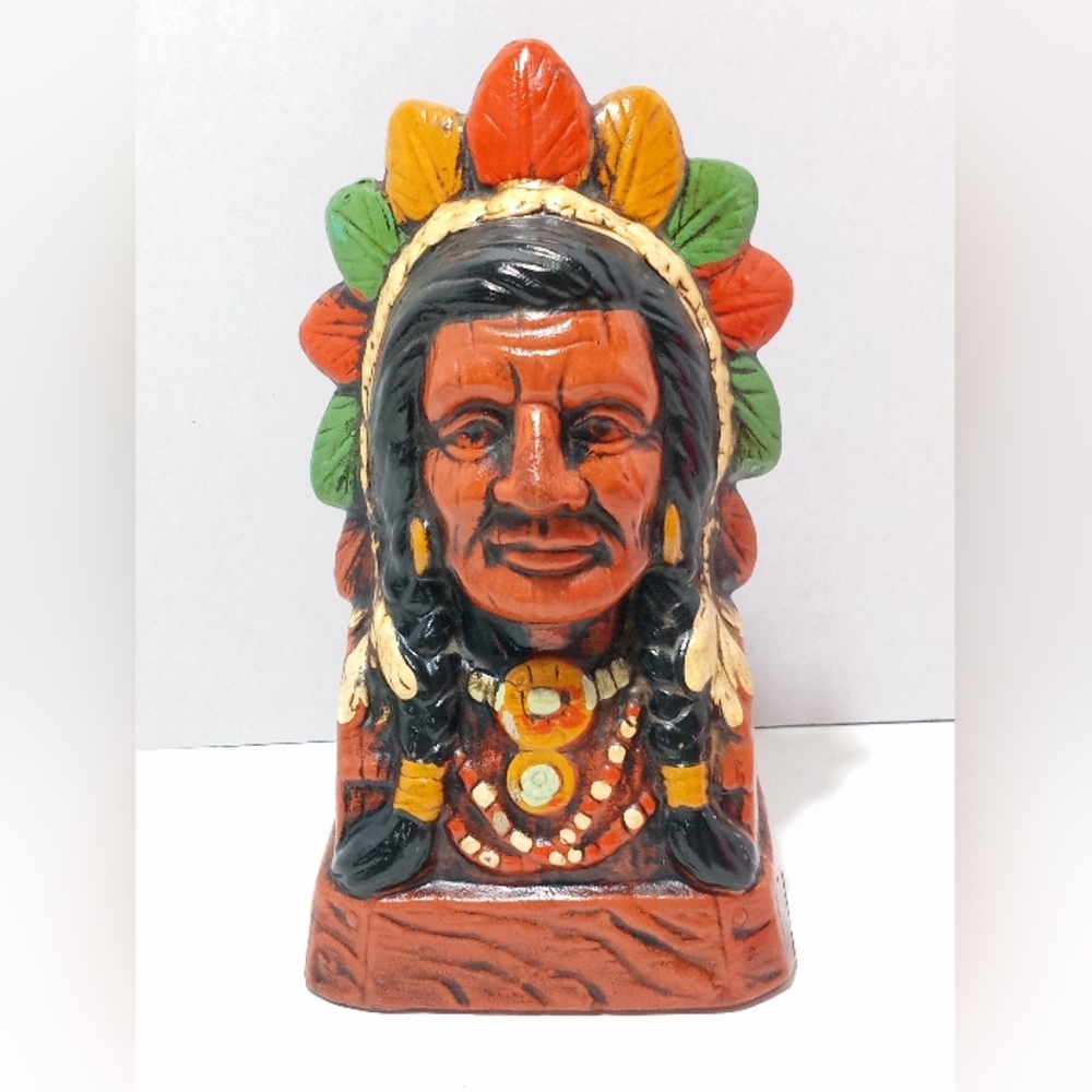Vintage Indian Chief Bust Coin Bank Ceramic Native American Headdress *No Plug*